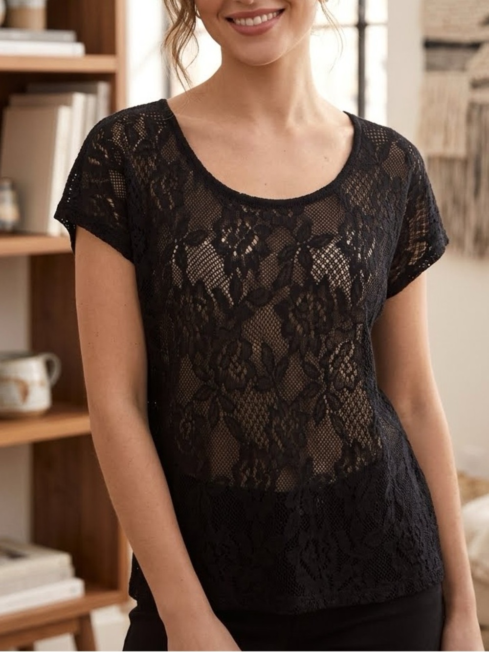 Lucky Brand Ginger Floral Lace Black Top New